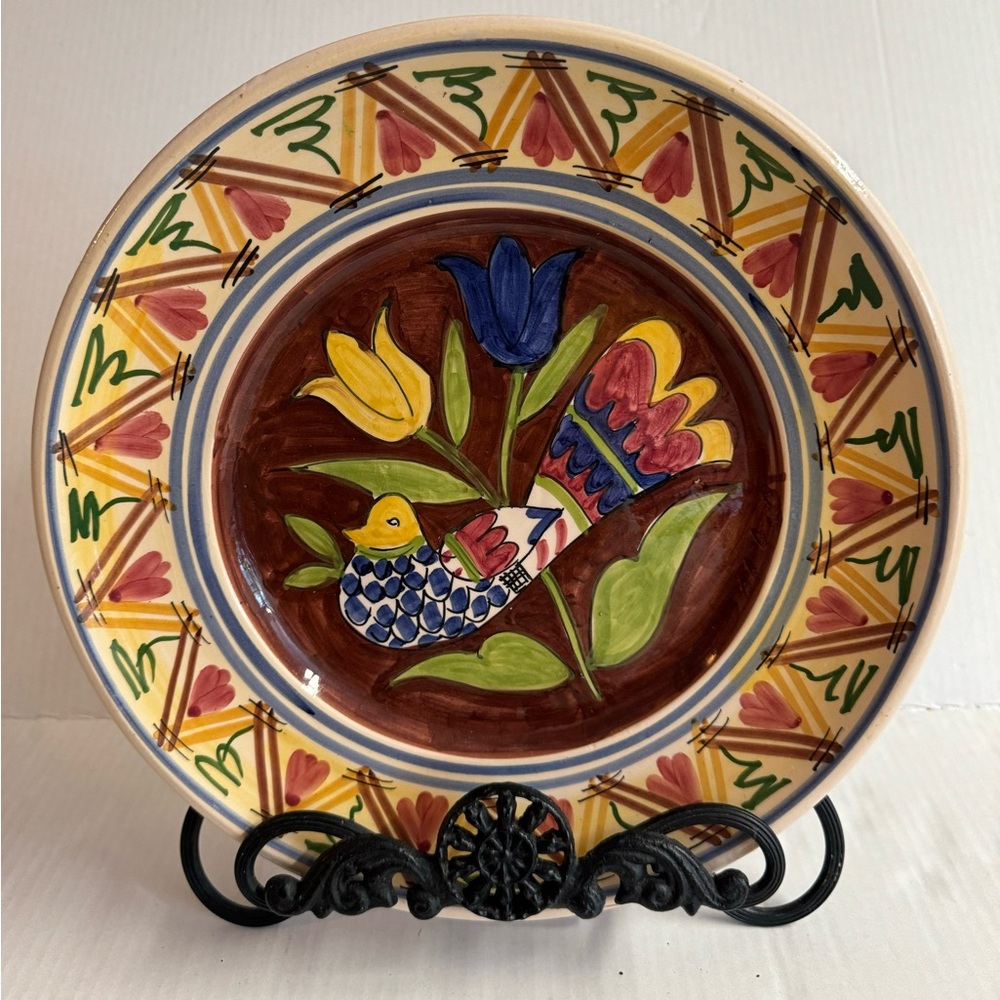 Vintage Pottery Barn LAMAS Brown/Multi dove pottery plate handmade in Italy.